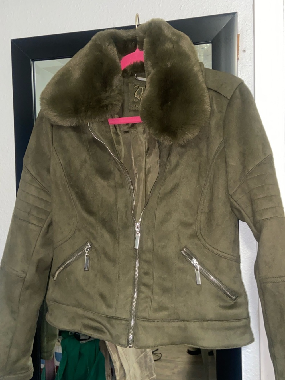 Olive Faux-Suede Moto Jacket with Faux-Fur Collar